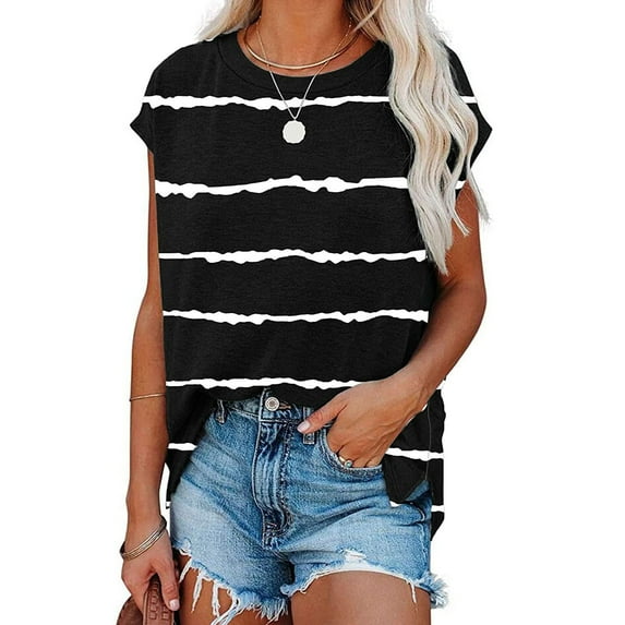 WREESH Women's Stripe Round Neck T-Shirts Loose Short Sleeve Casual Summer Fashion Tops Black