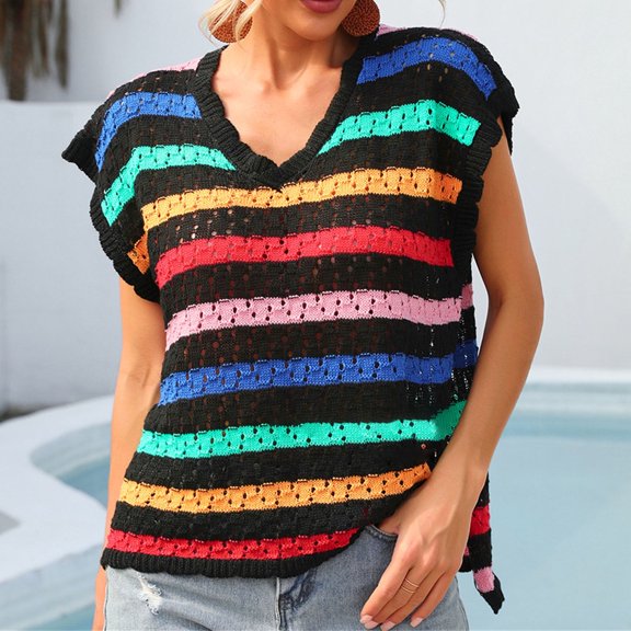 WREESH Women's Stripe V-Neck Tank Tops Eyelet Knit Cap Sleeve Pullover Sweaters Black