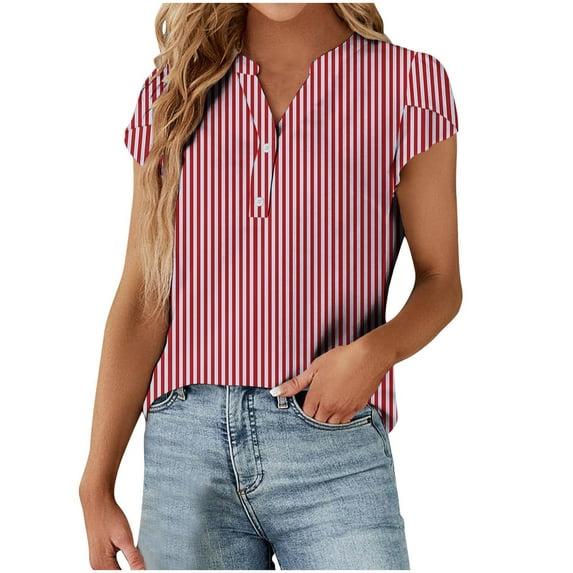 WREESH Women's Striped Henley Shirt Casual Tops with Print Blouses and Button Shirts Short Sleeve V-Neck T-Shirt Watermelon Red
