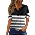 thumbnail image 1 of WREESH Women's Striped Henley Shirt Fashion Short Sleeve V-Neck Button-Up Top with Casual Style Black, 1 of 5