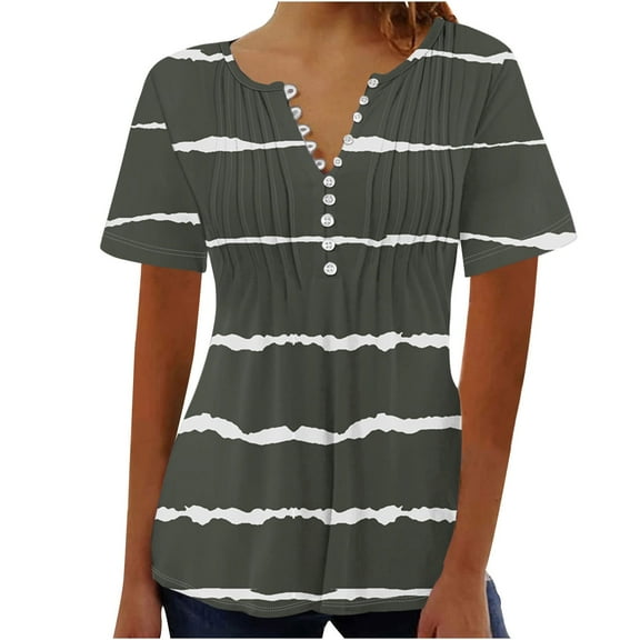 WREESH Women's Striped Henley Shirts Printed V-Neck Button Short Sleeve Top with a Striped Pattern for Daily Wear Casual Fashion Green