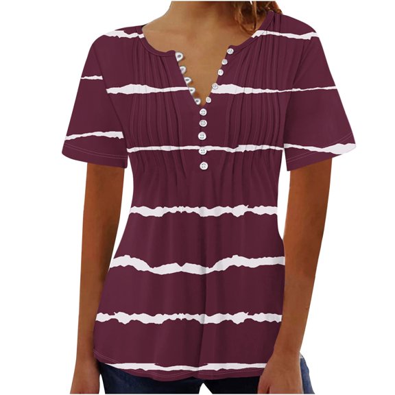 WREESH Women's Striped Henley Shirts Printed V-Neck Button Short Sleeve Top with a Striped Pattern for Daily Wear Casual Fashion Red