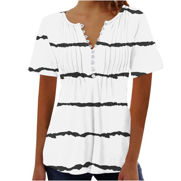 WREESH Women's Striped Henley Shirts Printed V-Neck Button Short Sleeve Top with a Striped Pattern for Daily Wear Casual Fashion White