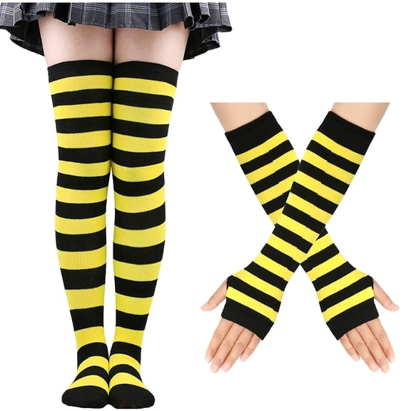 WREESH Women's Striped Over-Knee Socks & Long Arm Warmer Fingerless Mitten Gloves Set Suitable for Holiday Cosplay and Winter Warmth Black
