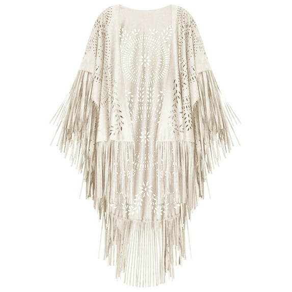 WREESH Women's Suede Cloak Shawl With Hollow Fringe, Solid Color Winter Warm Scarf Beige