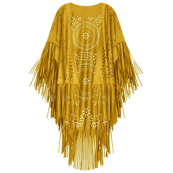 WREESH Women's Suede Cloak Shawl With Hollow Fringe, Solid Color Winter Warm Scarf Yellow