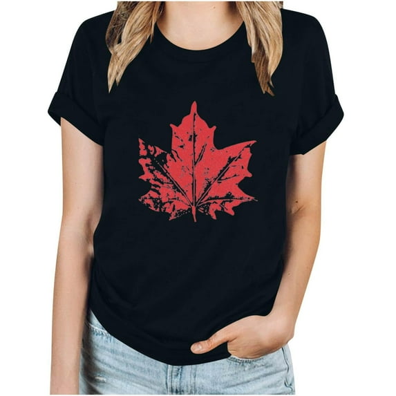 WREESH Women's Summer Basic Tee Casual Round Neck T-Shirt with Canada Day Maple Leaf Print Black