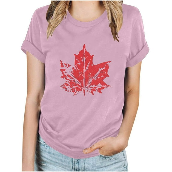 WREESH Women's Summer Basic Tee Casual Round Neck T-Shirt with Canada Day Maple Leaf Print Pink