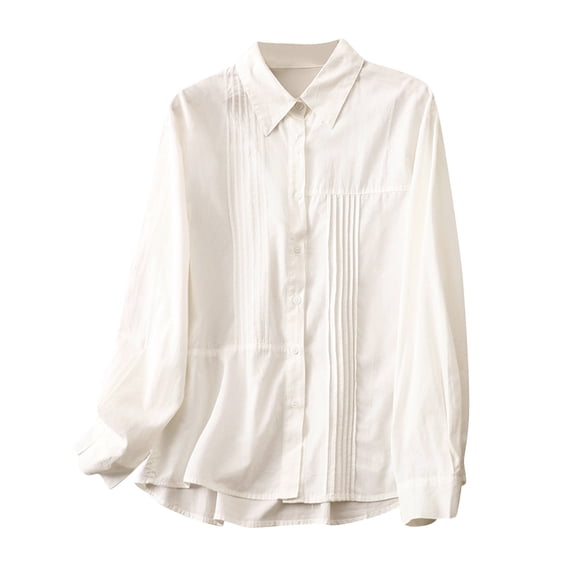 WREESH Women's Summer Button Down Shirts Casual Solid Color Retro Comfort Regular Long Sleeve Fashion Tops for Women' Button Shirts White