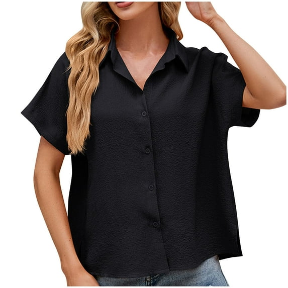 WREESH Women's Summer Casual Button Down Shirts Solid Color V-Neck Short Sleeve Shirt for Women's Summer Leisure Fashion Black