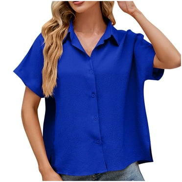 WREESH Women's Summer Casual Button Down Shirts Solid Color V-Neck Short Sleeve Shirt for Women's Summer Leisure Fashion Blue