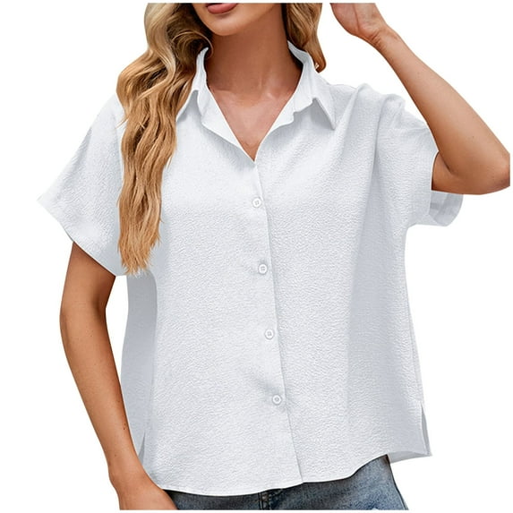 WREESH Women's Summer Casual Button Down Shirts Solid Color V-Neck Short Sleeve Shirt for Women's Summer Leisure Fashion White