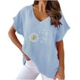 thumbnail image 1 of WREESH Women's Summer Cotton Linen T-Shirt Loose Fit V-Neck Short Sleeved Graphic Top Blue, 1 of 6