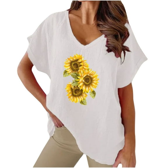 WREESH Women's Summer Cotton Linen T-Shirt Loose Graphic V-Neck Short Sleeved White