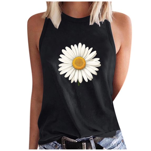 WREESH Women's Summer Floral Tank Top Crew Neck Sleeveless Design Trendy Graphic Print - Perfect for Warm Days Black
