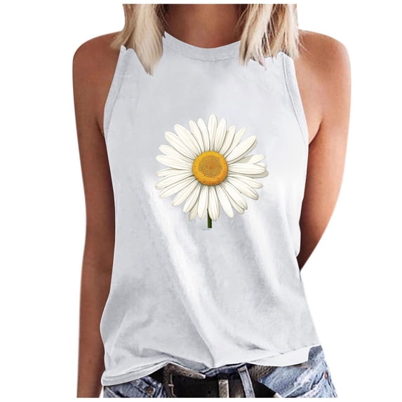 WREESH Women's Summer Floral Tank Top Crew Neck Sleeveless Design Trendy Graphic Print - Perfect for Warm Days White