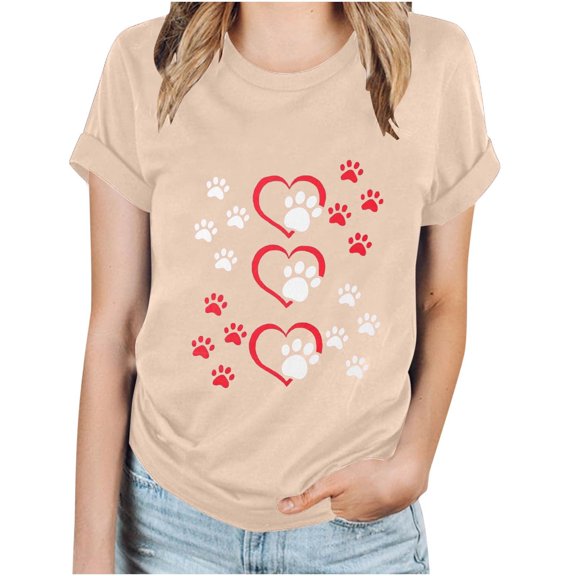 WREESH Women's Summer Graphic Print Blouse Loose Fit Round Neck Out Blouse Beige