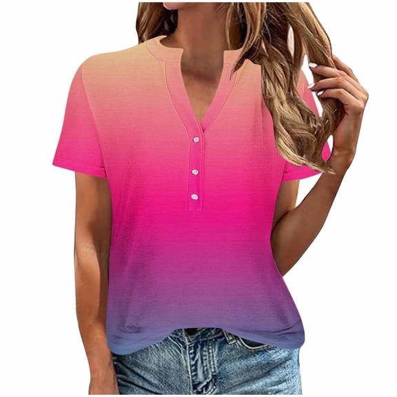 WREESH Women's Summer Henley Shirt Casual V-Neck Button Loose Top with Short Sleeve Gradient Blouse for Women Watermelon Red