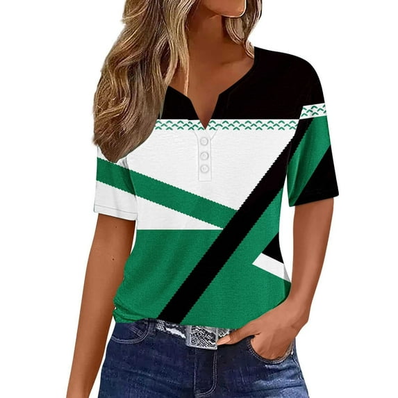 WREESH Women's Summer Henley Shirts Fashion Cotton and Short Sleeves, Geometric Print Loose V-Neck Button Casual Top Green
