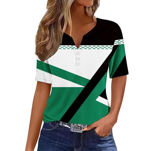 WREESH Women's Summer Henley Shirts Fashion Cotton and Short Sleeves, Geometric Print Loose V-Neck Button Casual Top Green