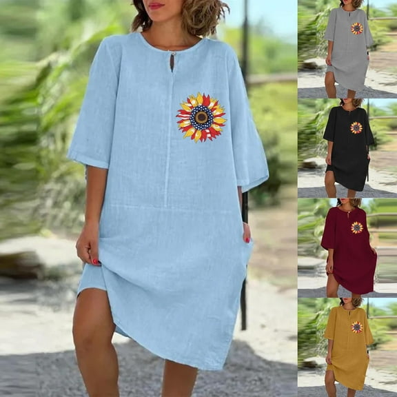 WREESH Women's Summer T-Shirt Dress Solid Color Cotton Linen Round Neck Short Sleeve Gray