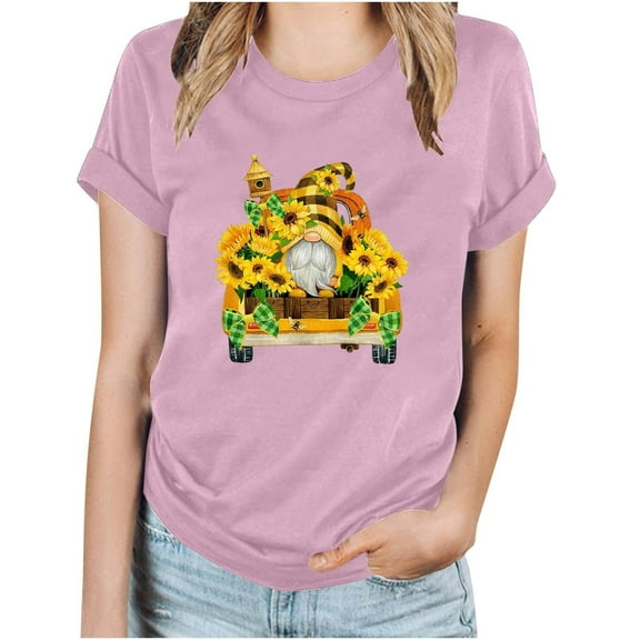 WREESH Women's Summer T-Shirts Fashion Round Neck Short Sleeve with Loose Graphic Print Pink