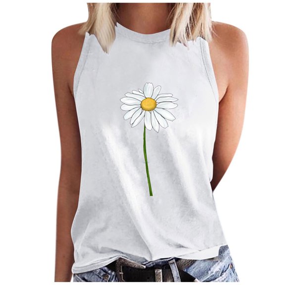 WREESH Women's Summer Tank Tops Sleeveless Crew Neck Floral Graphic Print Tees White