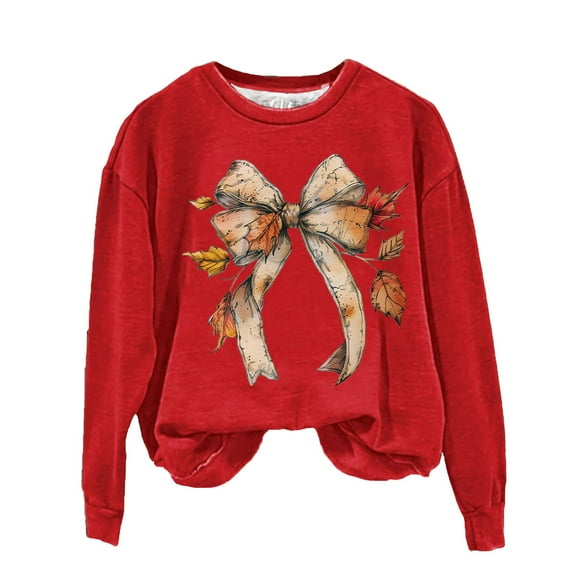 WREESH Women's Thanksgiving Bow Print Crewneck Sweatshirts, Long Sleeve Pullover, Fall Fashion for Women 2025 Trendy Red