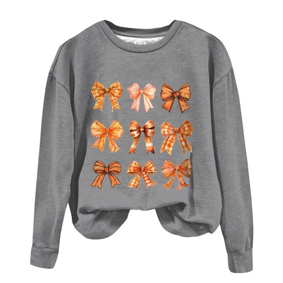 WREESH Women's Thanksgiving Bow Print Crewneck Sweatshirts, Long Sleeve Pullover, Fall Fashion for Women 2025, Casual Loose Fit Tops Gray