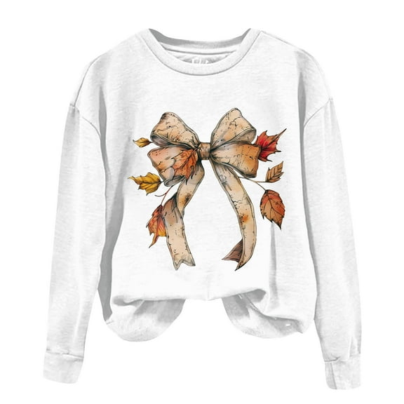 WREESH Women's Thanksgiving Bow Print Crewneck Sweatshirts, Long Sleeve Pullover, Fall Fashion for Women 2025 Trendy White