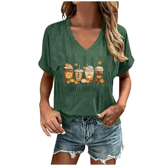 WREESH Women's Thanksgiving V Neck Tees Short Sleeve T Shirts with Ice Cream Graphic for Fall Casual Tops 2025 Green