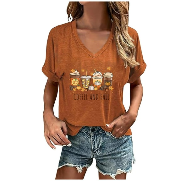 WREESH Women's Thanksgiving V Neck Tees Short Sleeve T Shirts with Ice Cream Graphic for Fall Casual Tops 2025 Orange