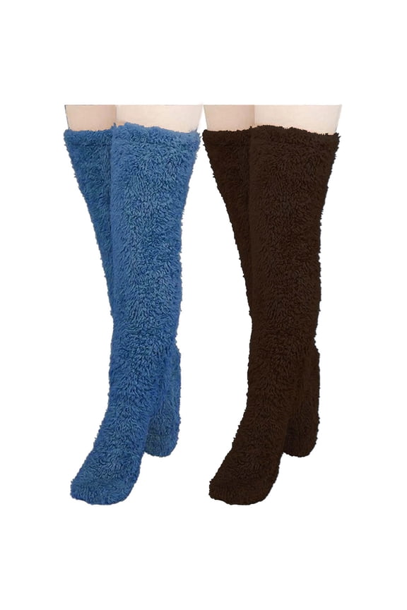 Women's Thigh High Fuzzy Socks 2-Pack, Fleeceover Knee Winter Leg Warmers for Christmas Cozy Home Sleeping Warm Slipper Socks