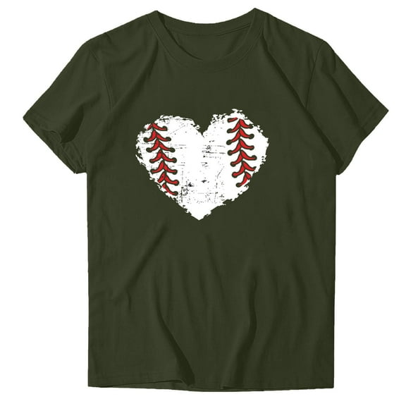WREESH Women's Trendy Baseball Graphic Tee Round Neck Short Sleeve Fashion Out Blouse Olive Green