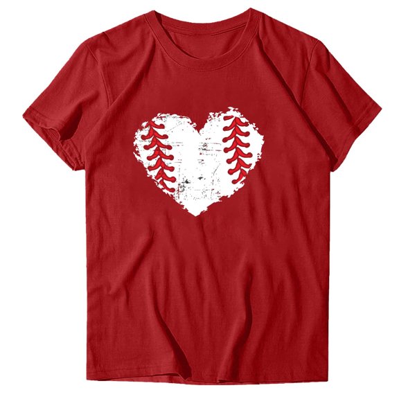 WREESH Women's Trendy Baseball Graphic Tee Round Neck Short Sleeve Fashion Out Blouse Red
