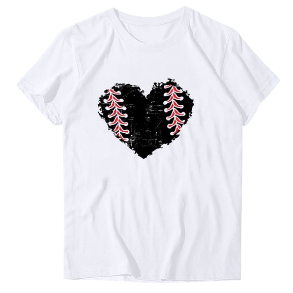 WREESH Women's Trendy Baseball Graphic Tee Round Neck Short Sleeve Fashion Out Blouse White