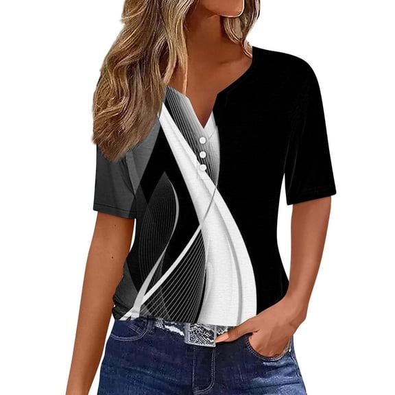 WREESH Women's Trendy Henley Shirts Soft Cotton Fabric with Round Neck, Short Sleeve Graphic Prints, Loose Fit V-Neck Button Casual Top Black