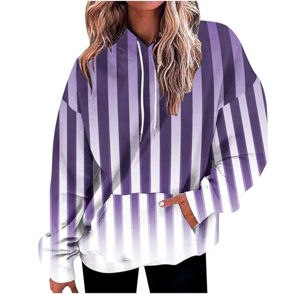 WREESH Women's Trendy Striped Hoodie Oversized Long Sleeve Sweatshirt Drawstring Hooded Pullover Top Purple