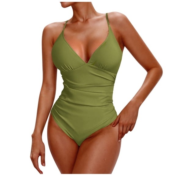 WREESH Women's Tummy Control One Piece Swimsuit V-Neck Solid Color Slim Bathing Suit Summer Beach Swimwear 2025 Green