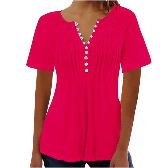WREESH Women's V-Neck Button Short Sleeve Henley Top Solid Color Loose Fit Casual Blouse Hot Pink