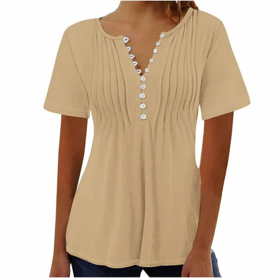WREESH Women's V-Neck Button Short Sleeve Henley Top Solid Color Loose Fit Casual Blouse Khaki