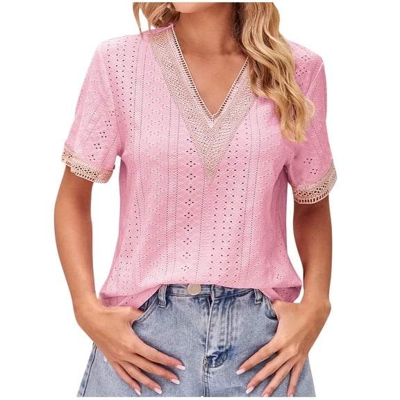 WREESH Women's V-Neck Lace Blouses Dressy Casual Solid Short Sleeved Elegant Eyelet Tops Pink