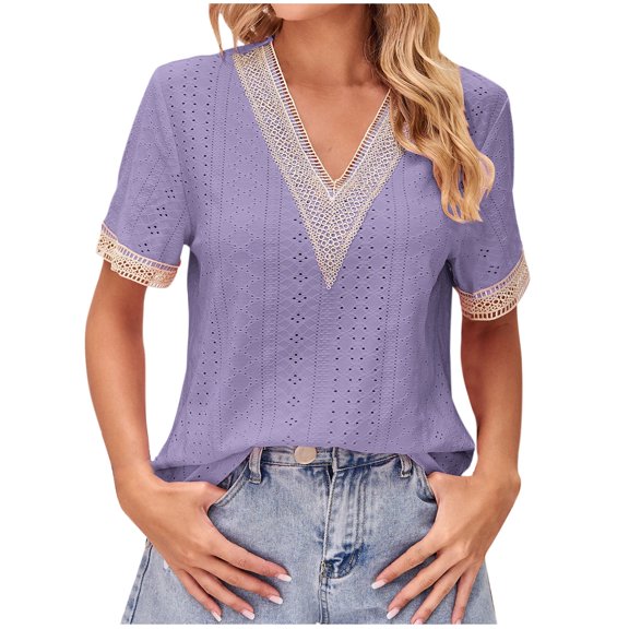 WREESH Women's V-Neck Lace Blouses Dressy Casual Solid Short Sleeved Elegant Eyelet Tops Purple