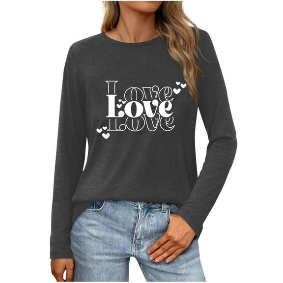 WREESH Women's Valentine's Day Love Printed Long Sleeved Pullover Round Neck Top Letter Graphic Tops Dark Gray