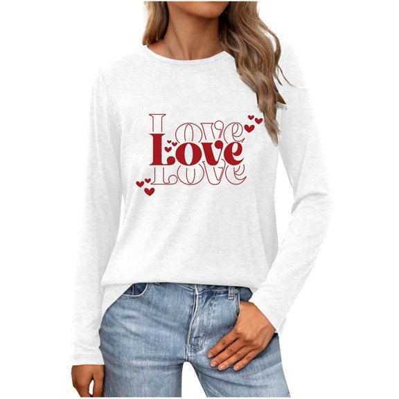 WREESH Women's Valentine's Day Love Printed Long Sleeved Pullover Round Neck Top Letter Graphic Tops White