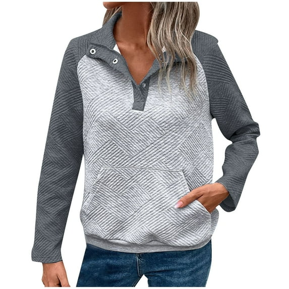 WREESH Women's Vintage Half Button Sweatshirt Casual Color Block Long Sleeve Raglan Pullover Fall Casual Placket Collared Top with Pockets Dark Gray