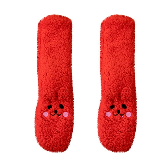 WREESH Women's Warm Wool Socks for Slipper and Floor Use, Thick Solid Color Mid-Tube Socks Above-Ankle Red