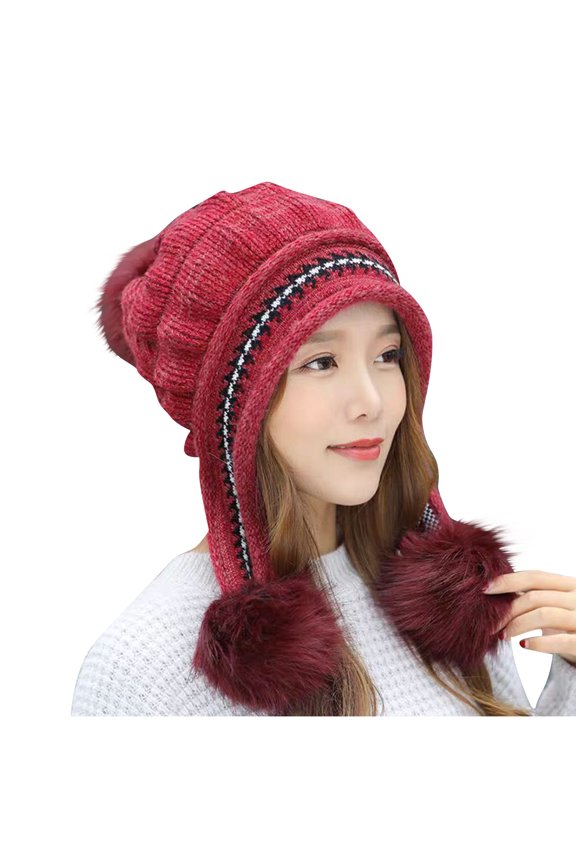 Women's Winter Beanie With Print Warmth Fleece Protection Thick Hat Red
