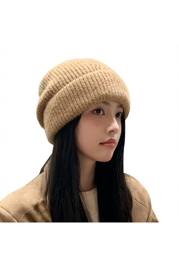 Women's Winter Fashion Beanie Knitted Pile Hat With Warm Earmuffs, Woolen Cold Hat Khaki