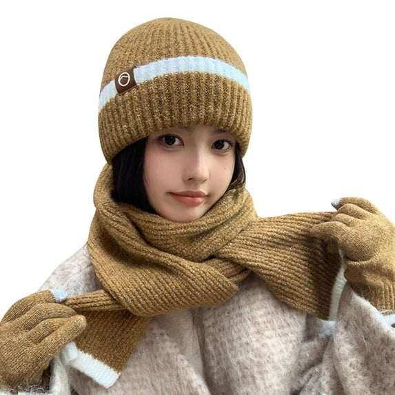 WREESH Women's Winter Knitted Wool Hat Set Cold-Proof, Warm Hat, Scarf, and Gloves With Ear Protection, Three-Piece Set Brown